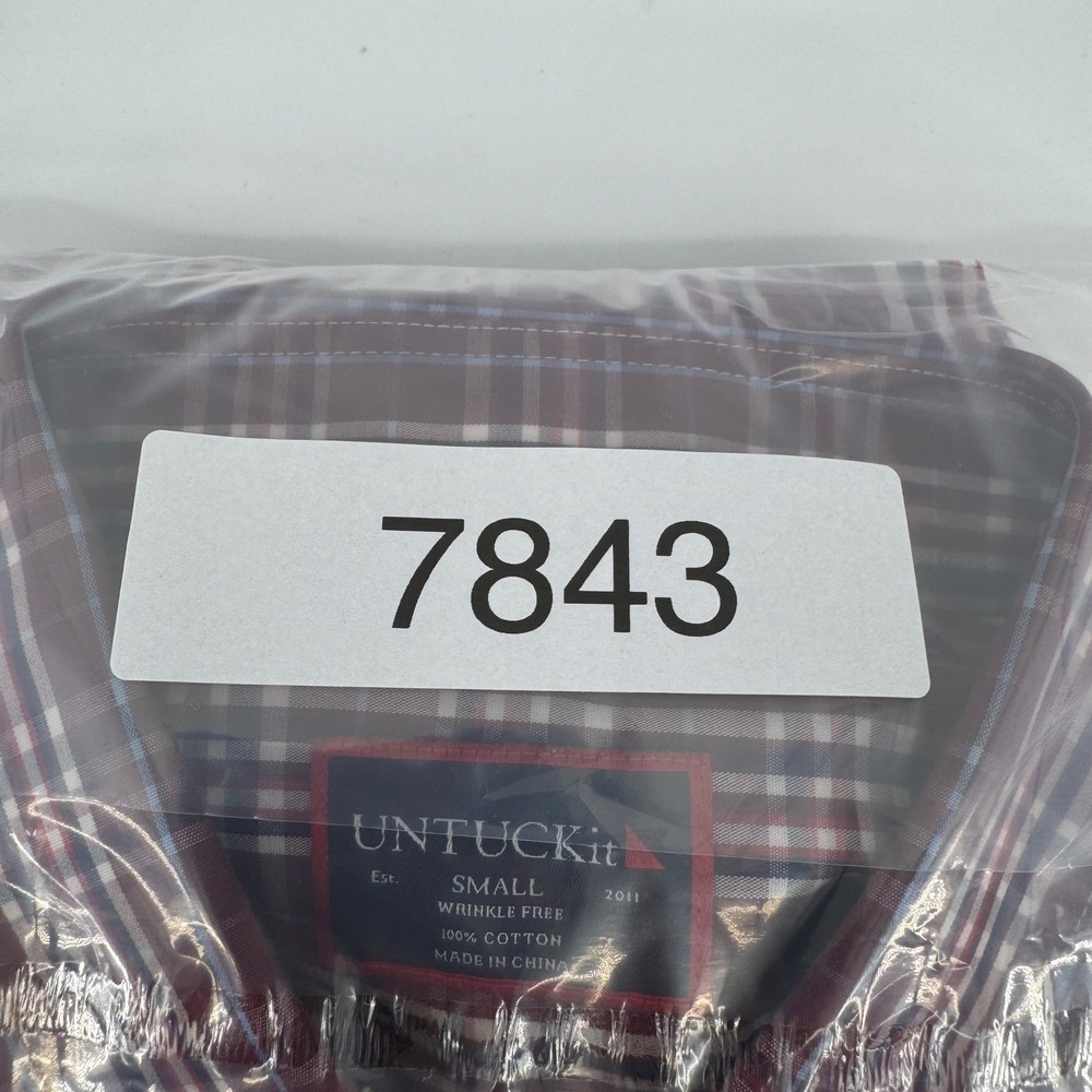 UNTUCKit Mens Small Wrinkle Free Plaid Button Down Shirt Burgundy Blue White - Picture 7 of 7